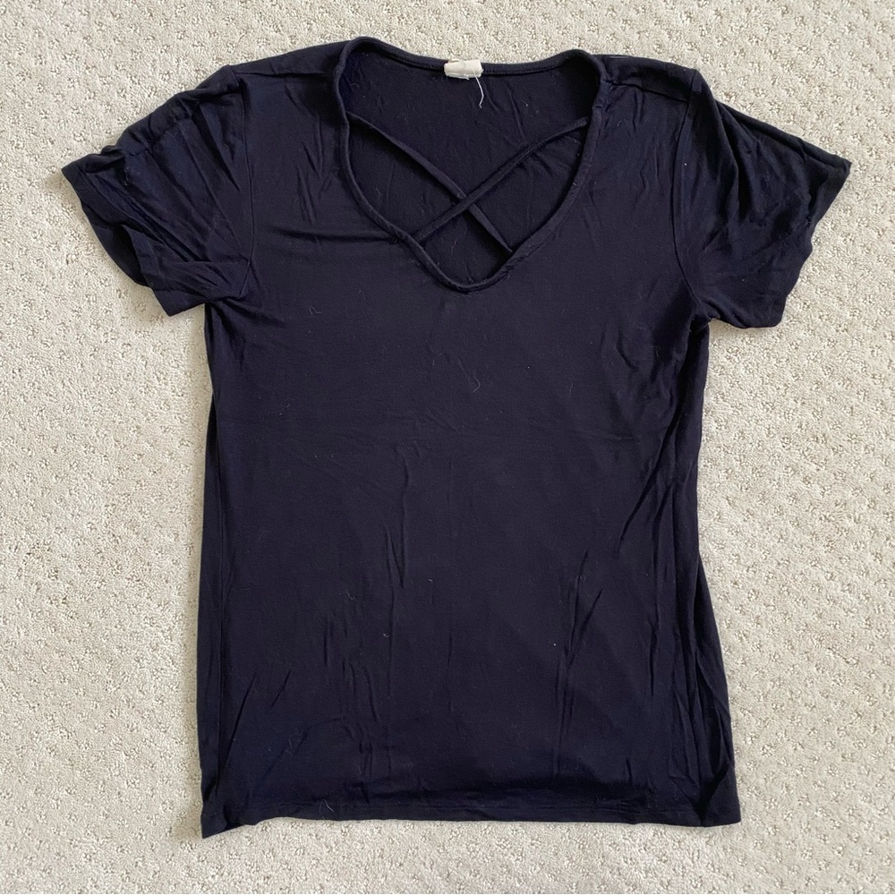 Soft black v-neck tee with criss-cross detail